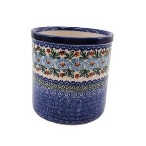 Unikat M. Starzyk Ceramic Utensil Holder w/ Swirl Blue/Wave & Floral Pattern